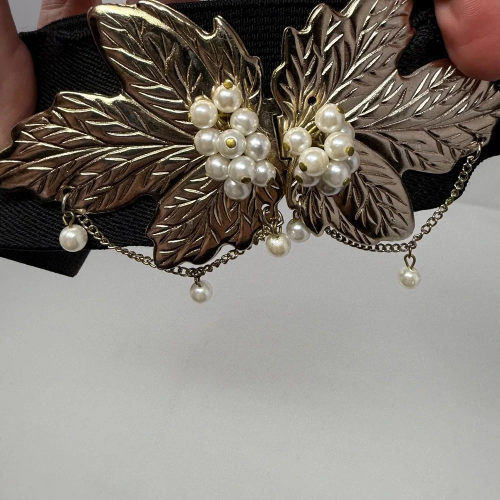 Vtg Gold Leaf Pearl Embellished Stretch Belt Women's Dressy‎ Elastic Waist retro